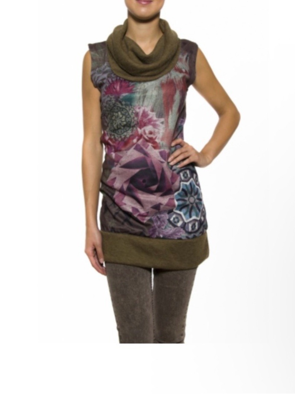 Mismash Olive Cowl Neck Sleeveless Sweater Tunic with Multicolor Floral Print